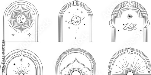 Linear boho arch frames. Bohemian arched borders shapes with stars, orbits and sun rays. Celestial and cosmic geometric minimalist decorative line art vector templates set with editable stroke path.