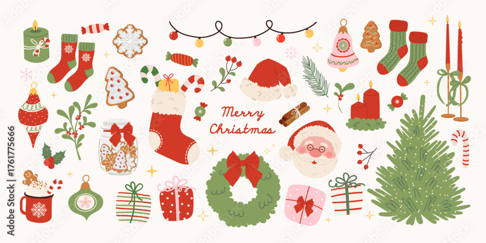 Naklejka premium Christmas hand drawn clipart set. Cute Xmas elements in trendy vintage style. Christmas tree, Santa Claus, gift, tree toys, Santa hat, wreath, candy, gingerbread, socks. Vector illustration