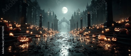 Haunted castle adventure: a kid's spooky imagination unleashed. Action poster. Enchanted halloween castle: pumpkins guarding in whimsical dark. Blockbuster art. Promotional poster.