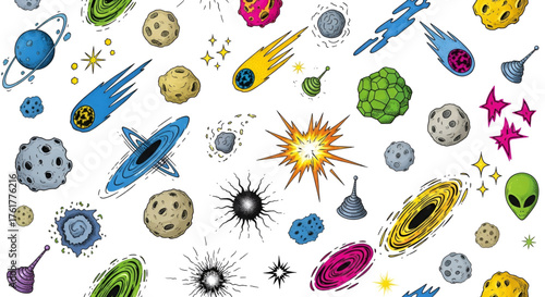Space galaxy planets stars asteroids comets cartoon illustration, seamless pattern background vector art