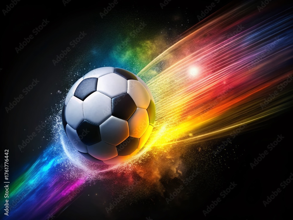 Naklejka premium Colorful Grunge Soccer Ball Dashing Across Black Background - Stock Photo