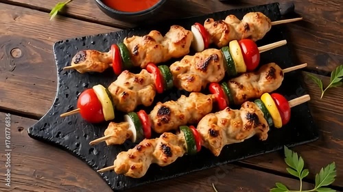Delicious grilled chicken skewers with colorful vegetables served on a rustic wooden table, ready for a summer feast.