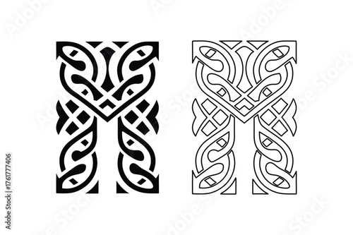 Celtic tribal knot design in black and outline ornamental vector style