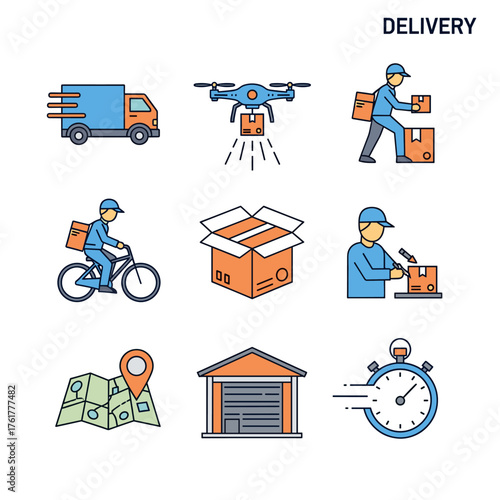Delivery icons set with various transportation methods