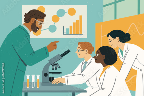 Professor leads a research group in a laboratory setting.