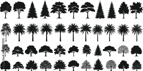 Tree silhouette collection, black tree icons, deciduous, coniferous, palm trees, forest shapes, botanical chart, nature illustration, landscape design, foliage reference