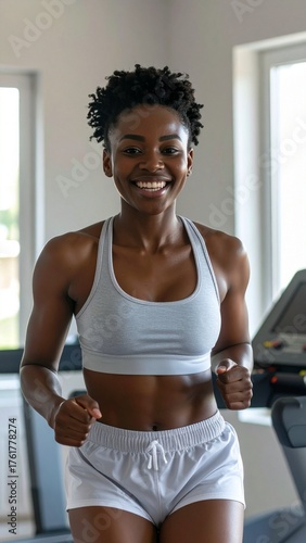 a smiling black woman in athletic wear running on the treadmill in the gym
