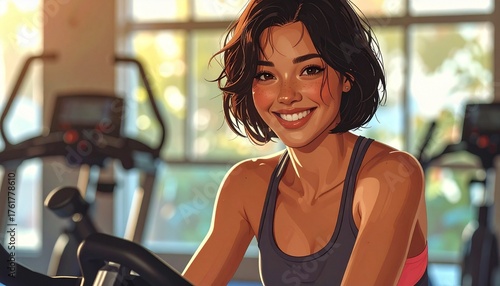 a smiling brunette woman in athletic wear is sitting on an exercise bike in the gym