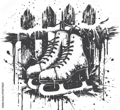 A bold black-and-white graffiti art rendering of ice skates resting against a weathered wooden fence. Raw, urban vibe with splatters and drips conveying grit, motion, and creative energy