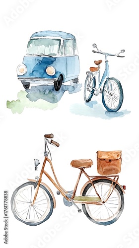 Watercolor vintage travel illustration with van and bicycles, retro travel watercolor clipart with camper van and bike, watercolor travel adventure illustration set for design projects