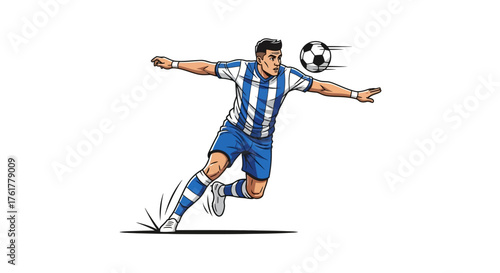 Dynamic soccer player leaps for a decisive header, capturing the thrill of the game in a vibrant, action packed moment