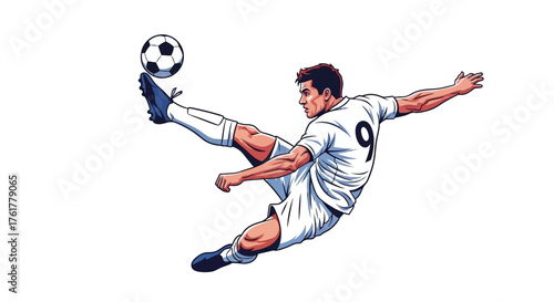 Dynamic athlete performs acrobatic soccer kick with intense focus and athletic grace, ready to score the winning goal in a thrilling match.