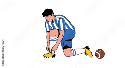 Determined athlete prepares for victory, tying cleats beside a soccer ball, embodying focus and athletic spirit