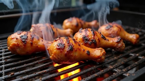 Juicy chicken drumsticks sizzling and smoking on a hot barbecue grill.