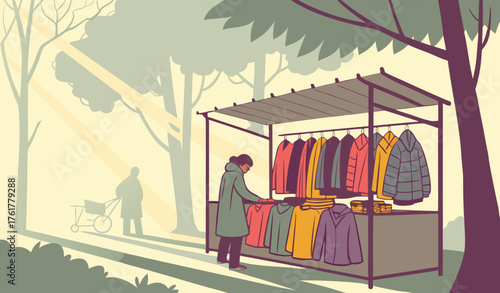 Colorful jackets and sweaters hanging in open Landa Bazaar stall on a foggy winter morning, sunlight filtering through mist, vendor arranging clothes, people browsing warm clothes.