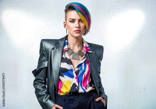 Confident Woman in Vibrant Colorful Patterned Suit Posing Joyfully