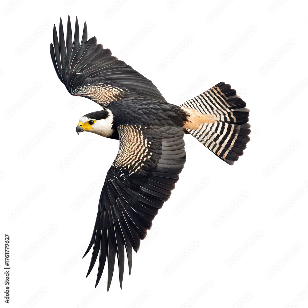 Fototapeta premium Crested Caracara Bird Flying full body view isolated on white or png transparent background 