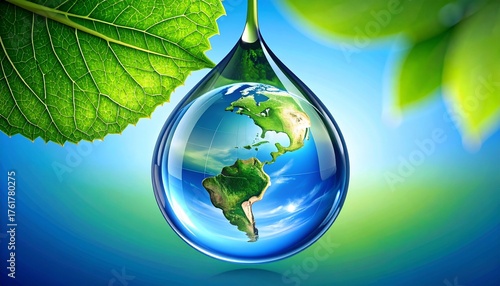 Fototapeta Naklejka Na Ścianę i Meble -  Macro view of a single perfect water droplet containing Earth, symbolizing global conservation and environmental protection, set against a vibrant green leaf and blurred blue background
