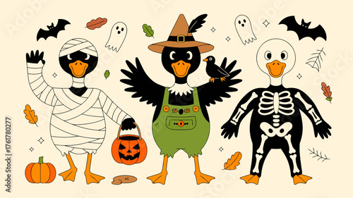 A whimsical halloween scene featuring three adorable ducks dressed up in costumes, one as a mummy, one as a witch, and one as a skeleton, surrounded by bats, ghosts, pumpkins, and autumn leaves