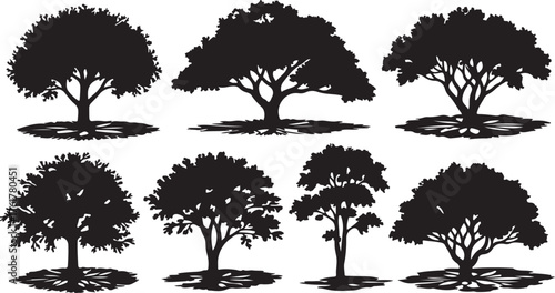 Diverse collection of eight stylized tree silhouettes, capturing the unique shapes of natural foliage, ideal for graphic design elements, environmental projects, and landscape illustrations