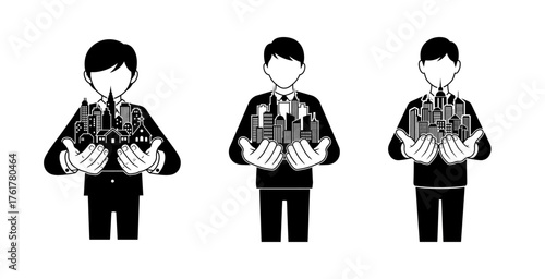 Three businessmen in suits holding miniature cityscapes in their hands, symbolizing urban development and real estate.