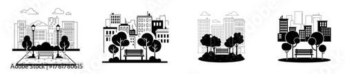 Four illustrations of city parks with trees, benches, and buildings in the background.