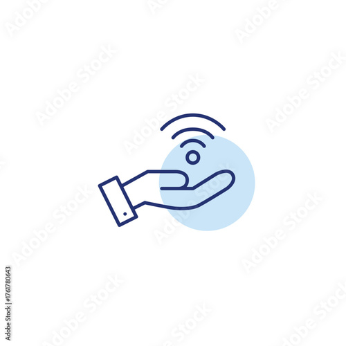Wi-fi symbol in hand. Customer service, trusted connection. Secure internet, support and sharing. Pixel perfect, editable stroke vector icon