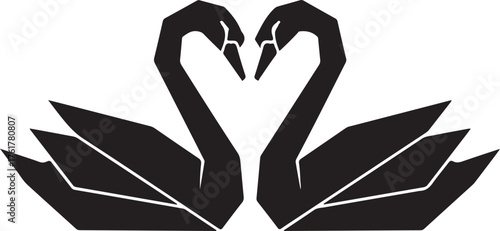 An elegant vector illustration of two geometric swans facing each other, their necks forming a heart shape. A minimalist black silhouette concept for love or weddings, isolated on a white background.