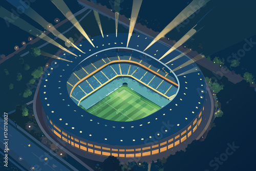 Night aerial view of a illuminated stadium with light beams.
