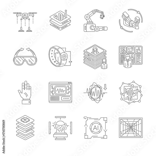 Collection of Drone and Automation Linear Icons, Including drone controller, robotics arm, ai integration, digital mapping, sensor technology, and futuristic system.