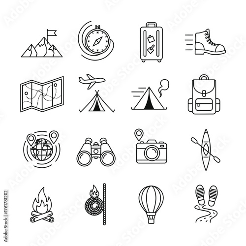 Collection of Camping and Exploration Linear Icons, Including map, tent, hiking boots, campfire, compass, and hot air balloon.