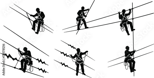Six different style illustration cartoon of electrical lineman working on high voltage wires with safety harness and tools, white background design.