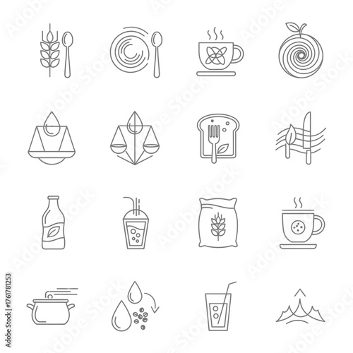 Collection of Organic Farming Linear Icons, Including wheat, milk bottle, honey jar, fruit juice, bowl, and mountain.