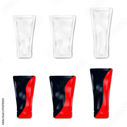 Tear notch squeeze tube shaped sachet pouch. Realistic 3d vector mockup, size set. White and color design. Easy editable. Flat plastic bag. Mock-up. Single serve dose, product sample pouch. Template