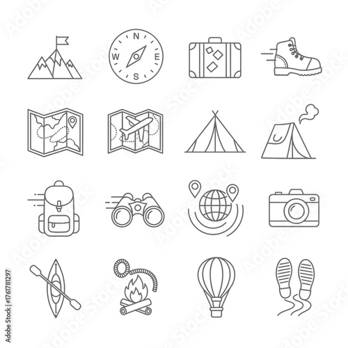 Collection of Travel Adventure Linear Icons, Including map, compass, tent, hiking boots, camera, campfire, hot air balloon, and binoculars.