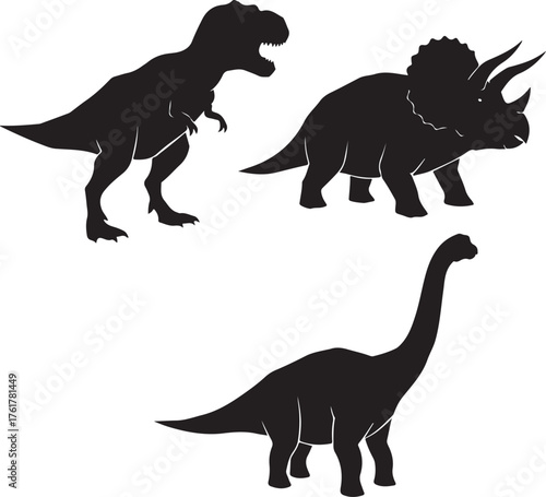 Three silhouette dinosaurs tyrannosaurus rex triceratops and brontosaurus on white background