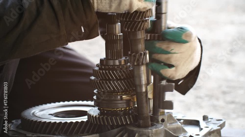 Professional auto mechanic with gloves carefully assembling the gearbox and transmission system of a car, focusing on the intricate internal gears and shafts during a vehicle repair service