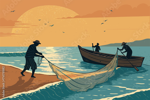 Old world fishermen haul heavy nets at dawn, coastal village, silhouetted boats, sun rays, sea spray, early morning mist, rustic traditions, communal effort, vibrant colors, peaceful moment.