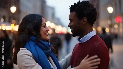 Romantic Couple Embracing on a City Street at Dusk, Celebrating Love and Connection