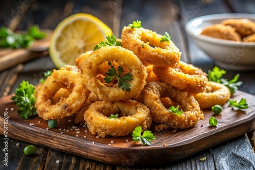 Crispy Fried Calamari Rings Macro Photography - Closeup Detail of Seafood Appetizer