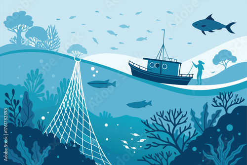 Underwater ocean vista, fishing boat above, net descends, marine life surrounds, clear blue water, sunbeams, kelp forest, deep sea exploration.