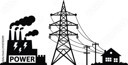 Power plant illustration, electricity generation, transmission tower, utility poles, energy distribution, electrical grid, industrial infrastructure, power supply system, residential electricity