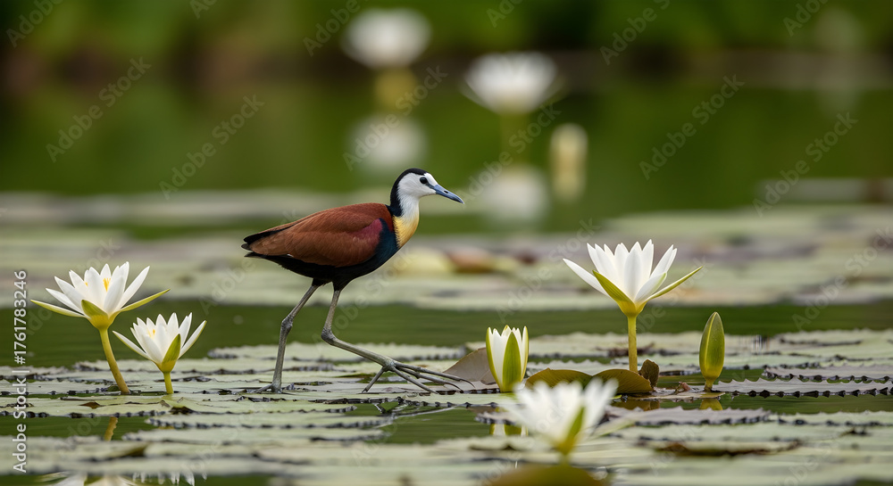 Obraz premium African jacana bird walking among white water lilies on a pond