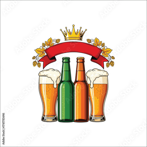 Beer festival graphic design with beer mug and hops isolated on white background