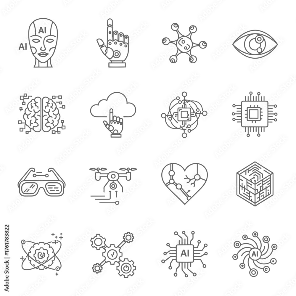 Fototapeta premium Artificial Intelligence, Robotics, and Digital Technology Line Icons