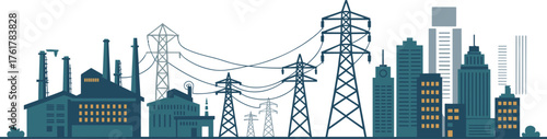 Industrial factories, smokestacks, transmission towers, power lines, electricity grid, energy infrastructure, urban skyline, city buildings, power distribution, industrial urban landscape