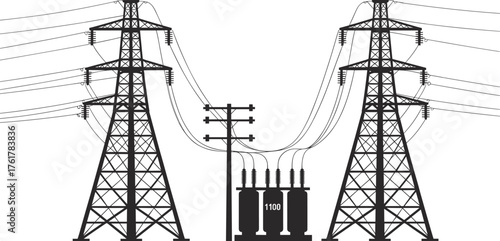 High voltage transmission towers, transformer station, electricity distribution, power lines, energy infrastructure, voltage network, industrial grid, engineering design, electrical system