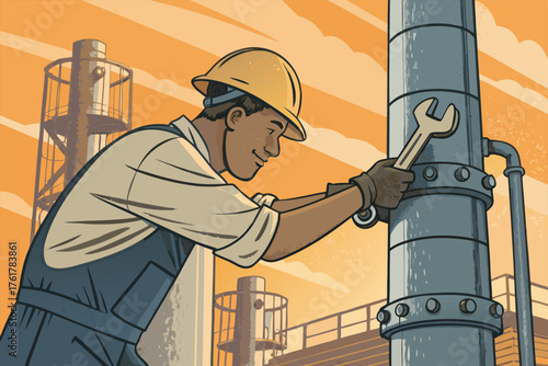 Industrial worker meticulously tightening a large bolt on a complex refinery structure, safety gear, detailed, skilled hands.