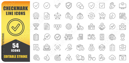 Checkmark Line Icon Vector Set. A Collection Of 54 Editable Thin Line Stroke Checkmark Icons Representing Approval, Success, Verification, And Tasks. Perfect For Business, Project Management, Websites