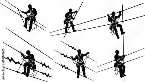 Utility Workers on High Voltage Power Lines Performing Maintenance with Safety Gear – Electrical Line Repair Silhouettes for Industrial Vector Use